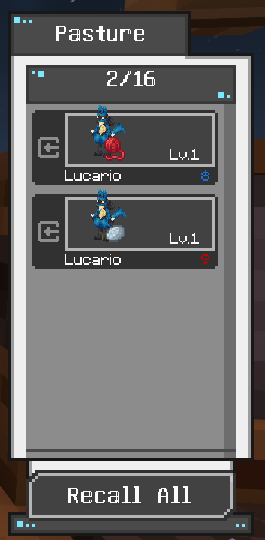 Pasture UI with Lucario holding Destiny Knot and other Lucario holding Everstone