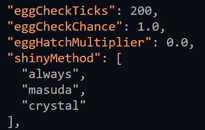 Config file showing optimized breeding settings: eggCheckTicks 200 (10s), eggCheckChance 1.0 (100%), eggHatchMultiplier 0.0 (instant)