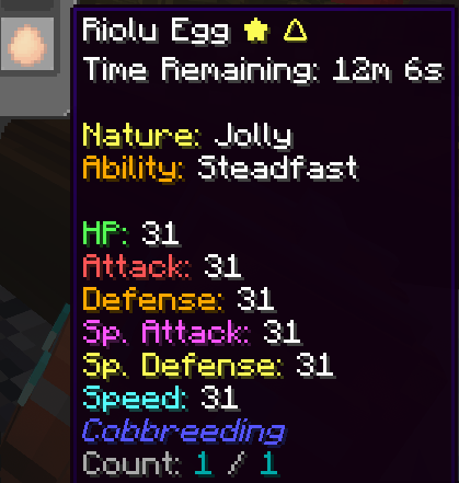 Riolu egg with perfect IVs, shiny star and perfect IV triangle icons